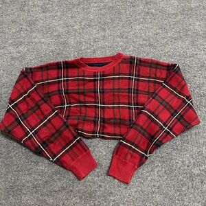 Unbranded Sweater Womens Size M Red Plaid Cropped Raw Hem Long Sleeve Crewneck